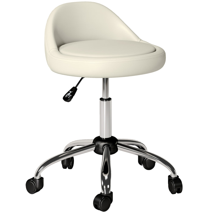 Taburete con Ruedas, Taburete Giratorio Cosmético con Altura Ajustable, Cuero Sintético, Asiento Acolchado y Amplio, para Dentista y Peluquería, Carga 120 kg, Ø50x63-83 cm, Blanco