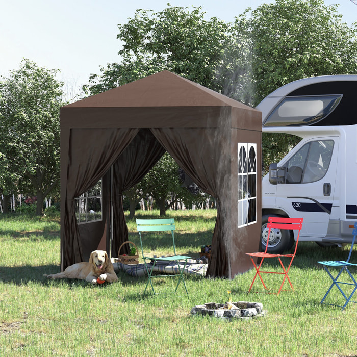 Carpa Plegable Gazebo 2x2 m Cenador de Jardín con 4 Paredes Laterales Tela Oxford 2 Puertas 2 Ventanas y Bolsa de Transporte para Exterior Terraza Camping Fiestas Marrón