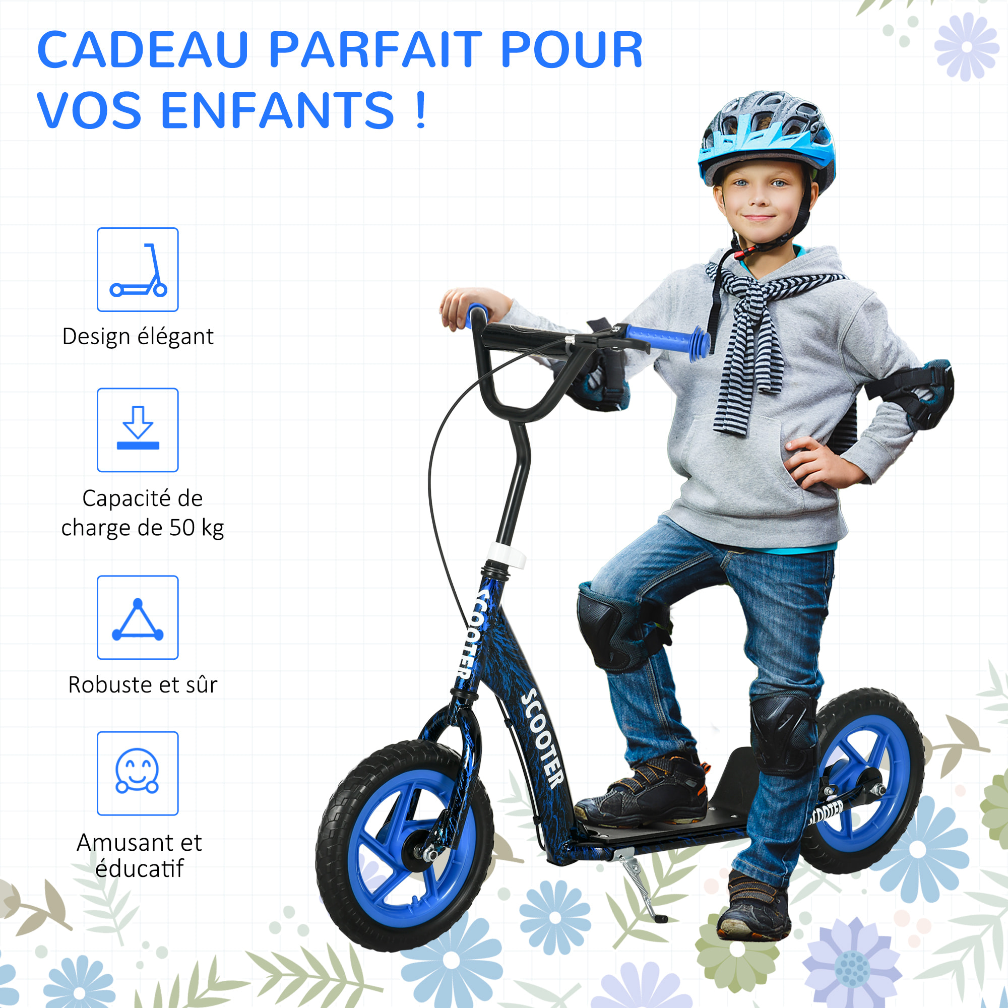 Trottinette patinette enfant à partir de 6 ans roues 30 cm guidon réglable poignée frein et béquille acier bleu