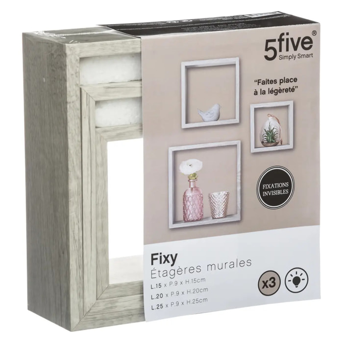 3 petites étagères murales cube Effet chêne gris Fixy