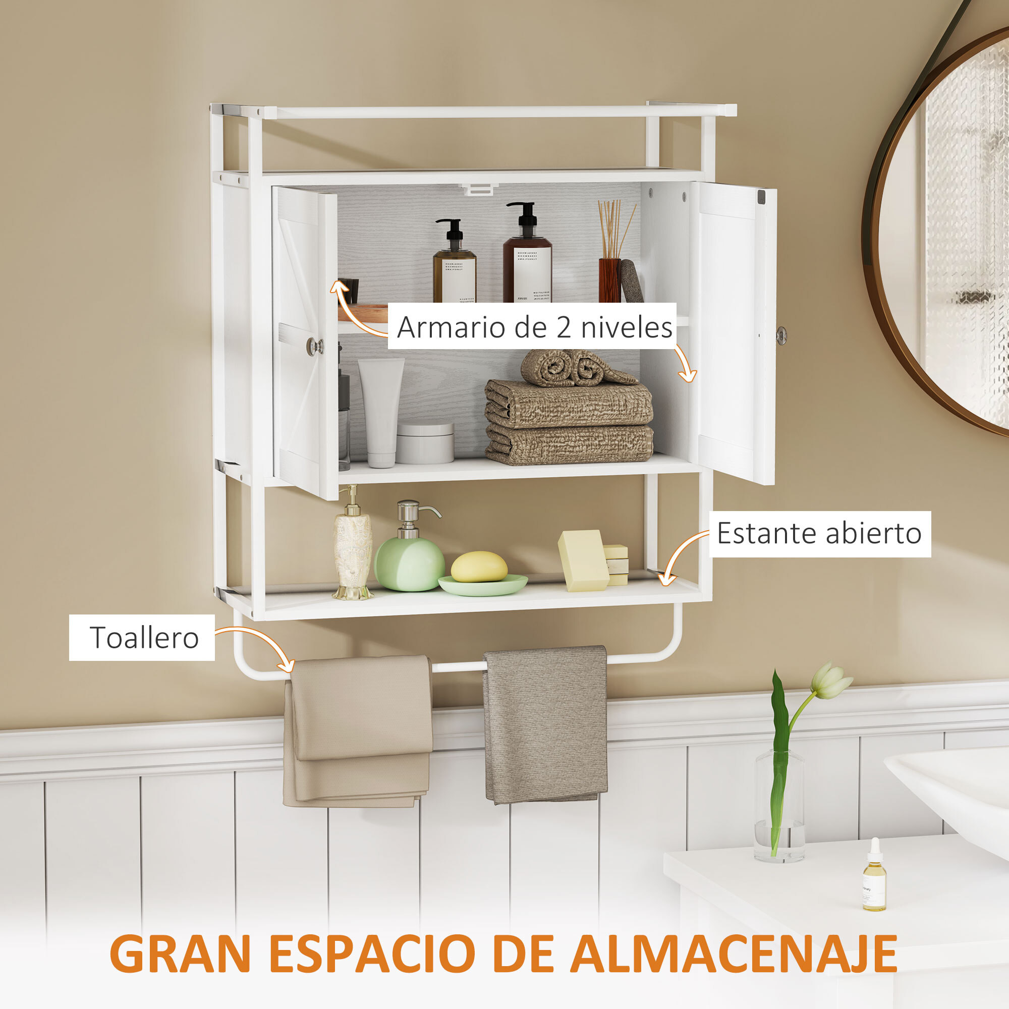 Armario de Pared para Baño Multiusos Mueble de Baño Suspendido Armario Colgante de Almacenamiento con 2 Puertas Estante Toallero 63x34x75 cm Blanco