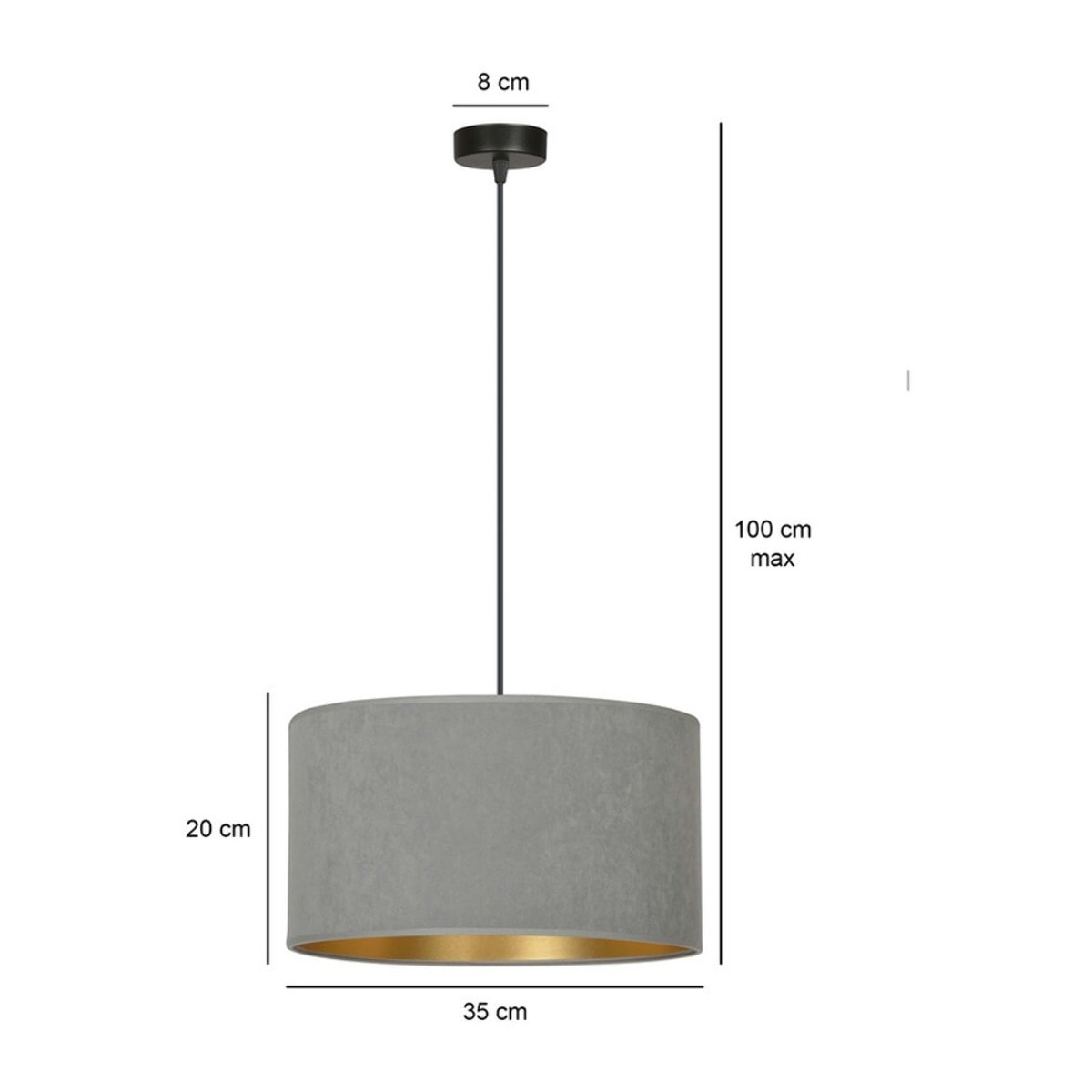 Lampada a sospensione Hilde con paralume in velluto grigio e interno oro