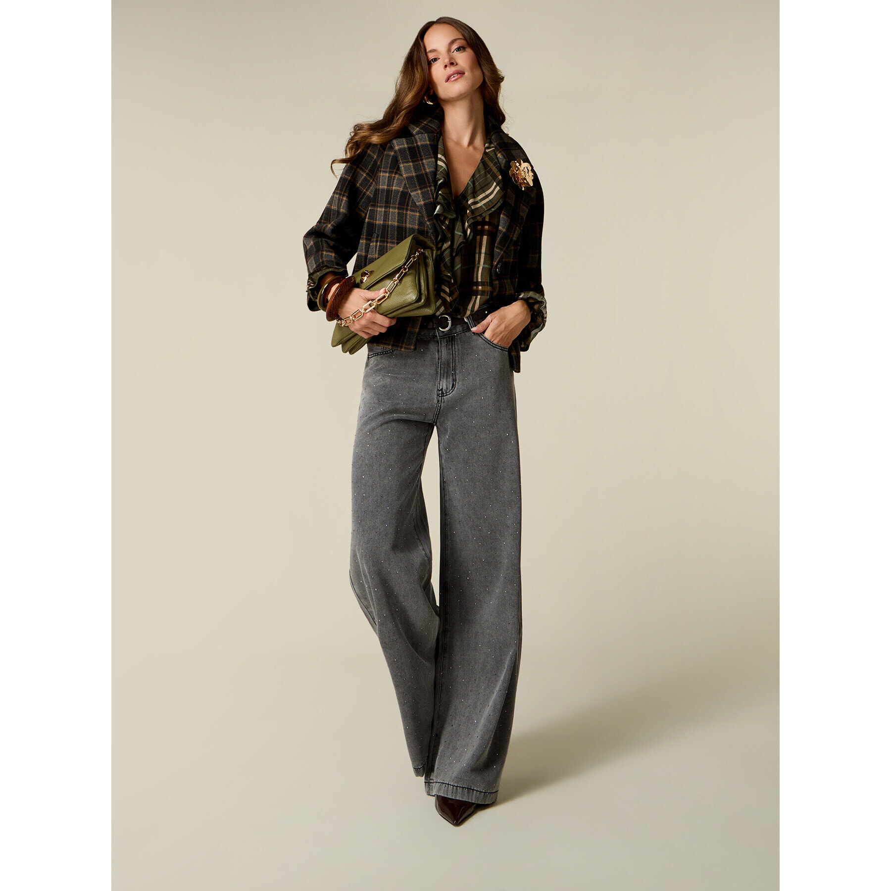 Oltre - Jeans a palazzo con borchiette - Grigio