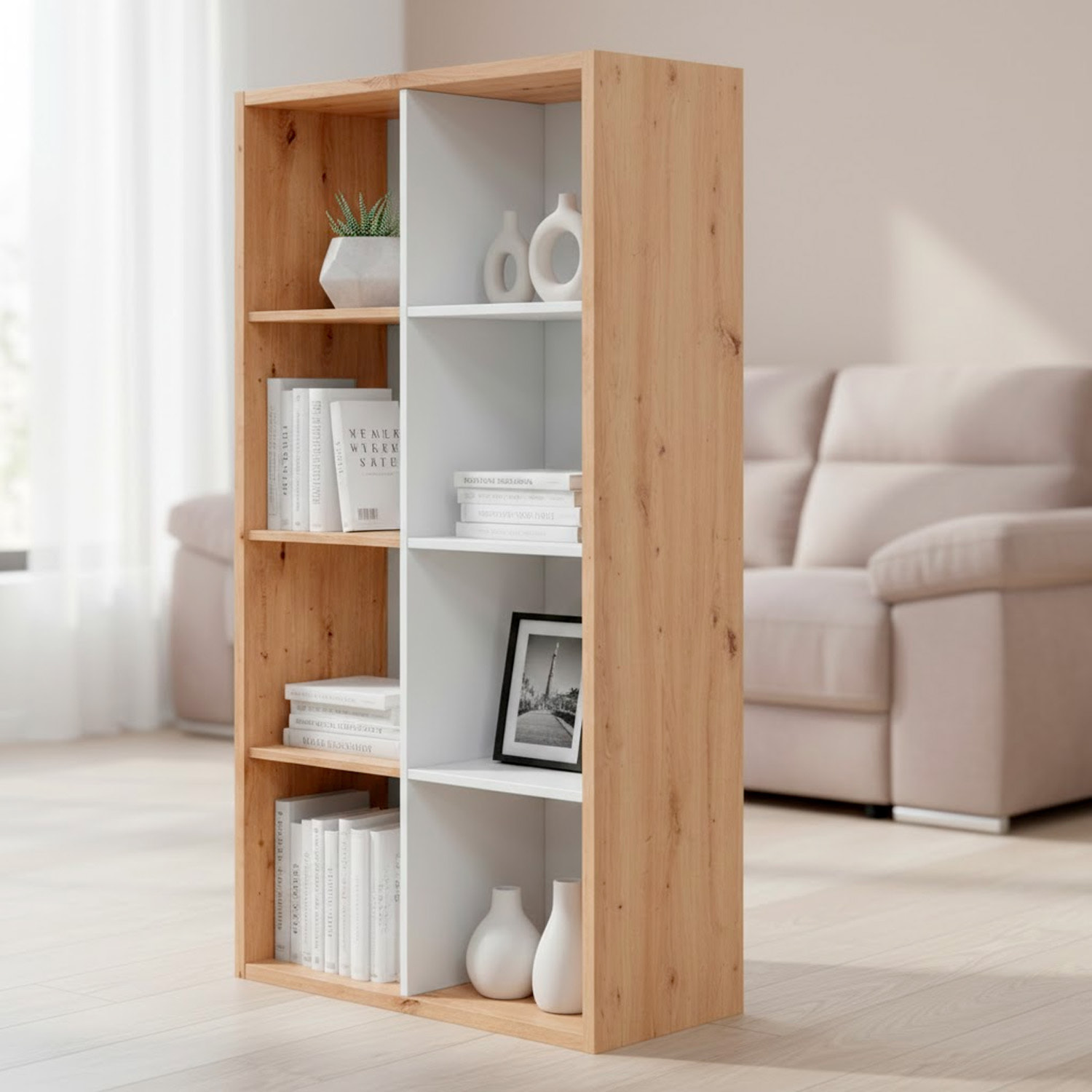 Libreria Cubi 8 Vani Modulare Mobile Moderno Per Libri Installabile In Verticale O Orizzontale Soggiorno Ufficio 71.5 x 137 x 33 Cm Rovere e Bianco