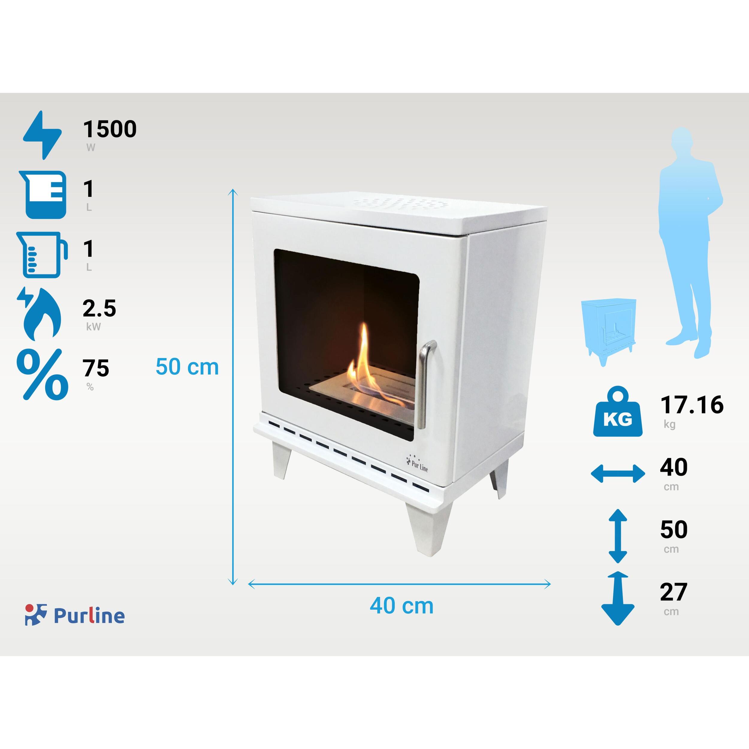 Poêle à éthanol 1,5kW design carré en acier blanc avec pieds