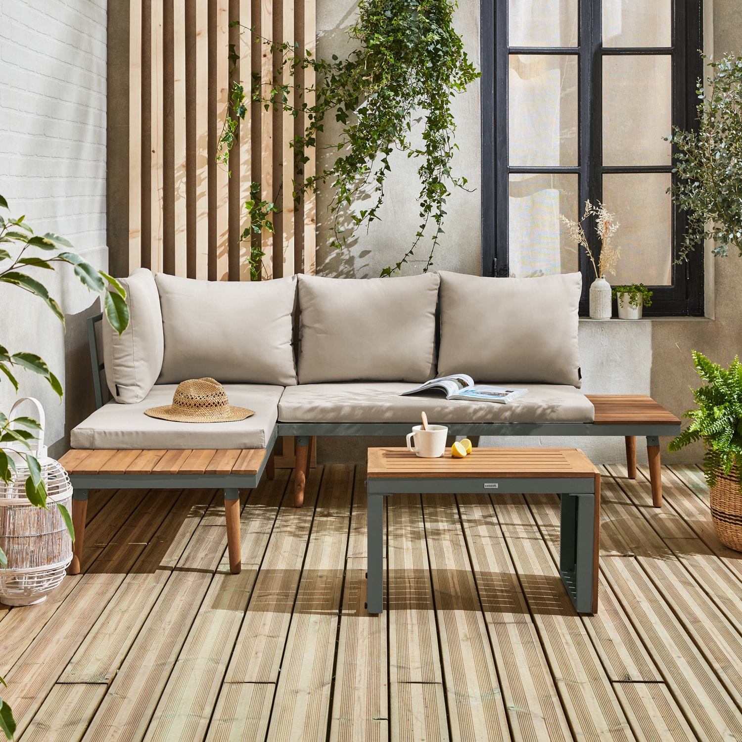 Salon de jardin kaki foncé. modulable en aluminium et bois d'acacia. 4 places. Sao Paulo.140 x 68 x 65cm