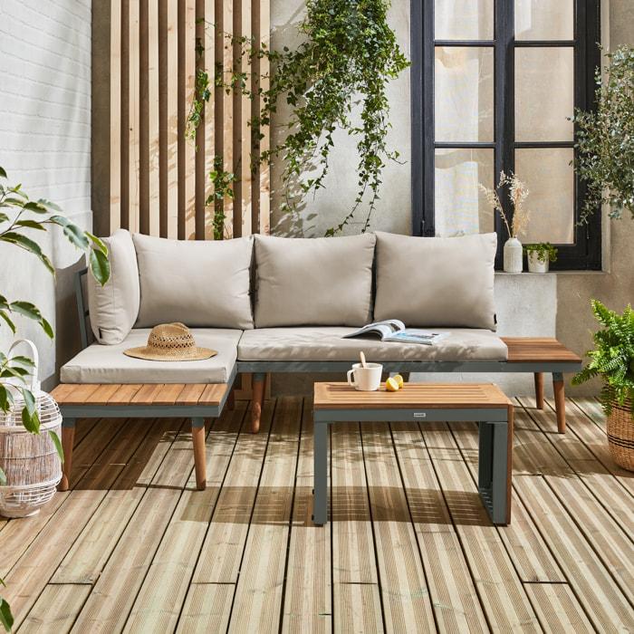 Salon de jardin kaki foncé. modulable en aluminium et bois d'acacia. 4 places. Sao Paulo.140 x 68 x 65cm