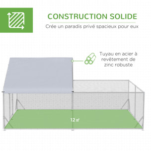 Enclos poulailler chenil 12 m² - parc grillagé dim 4L x 3l x 1,95H m - espace couvert - acier galvanisé