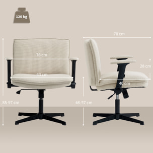 Silla de Oficina Piernas Cruzadas, Silla de Escritorio con Reposabrazos Abatible, Asiento Ancho, sin Ruedas, Altura Ajustable, Giratoria, Función Basculante, Tapizada en Lino, Crema