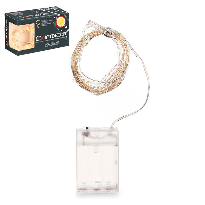Tira LED de 5.4 metros con 50 luces cálidas y caja interior.