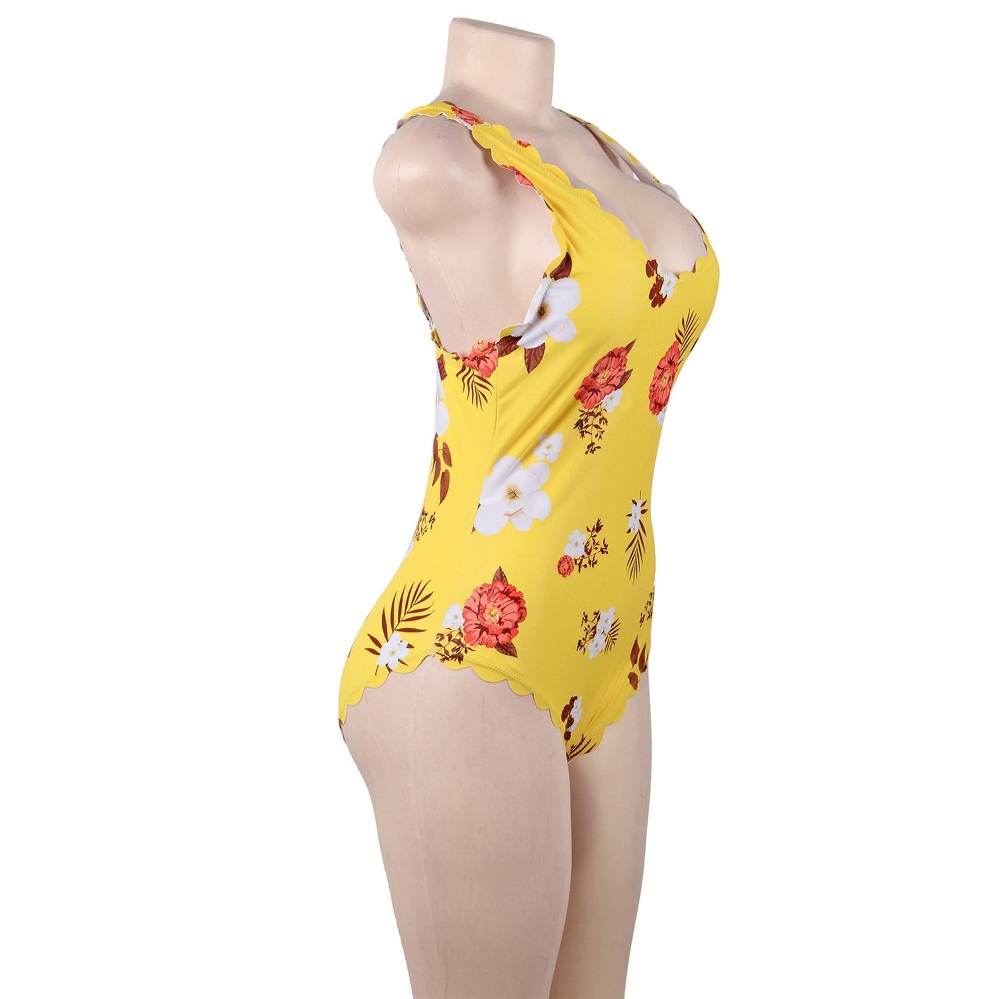 Traje de baño amarillo de una pieza para mujer estilo flores