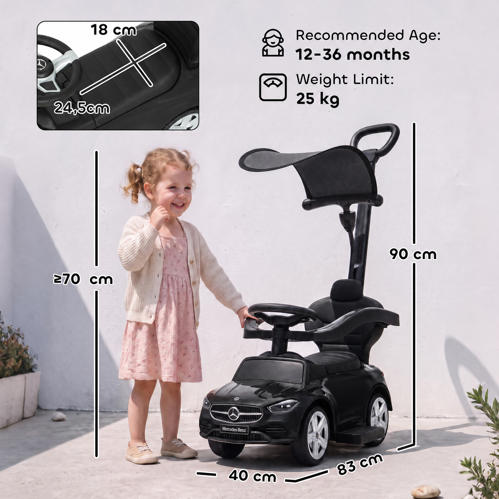 Correpasillos para Bebés 3 en 1 Mercedes-Benz, Coche Correpasillos con Barra de Empuje, Capota Extraíble, Barandilla de Seguridad, Claxon, Música, Almacenaje Bajo Asiento, 12-36 Meses, Negro