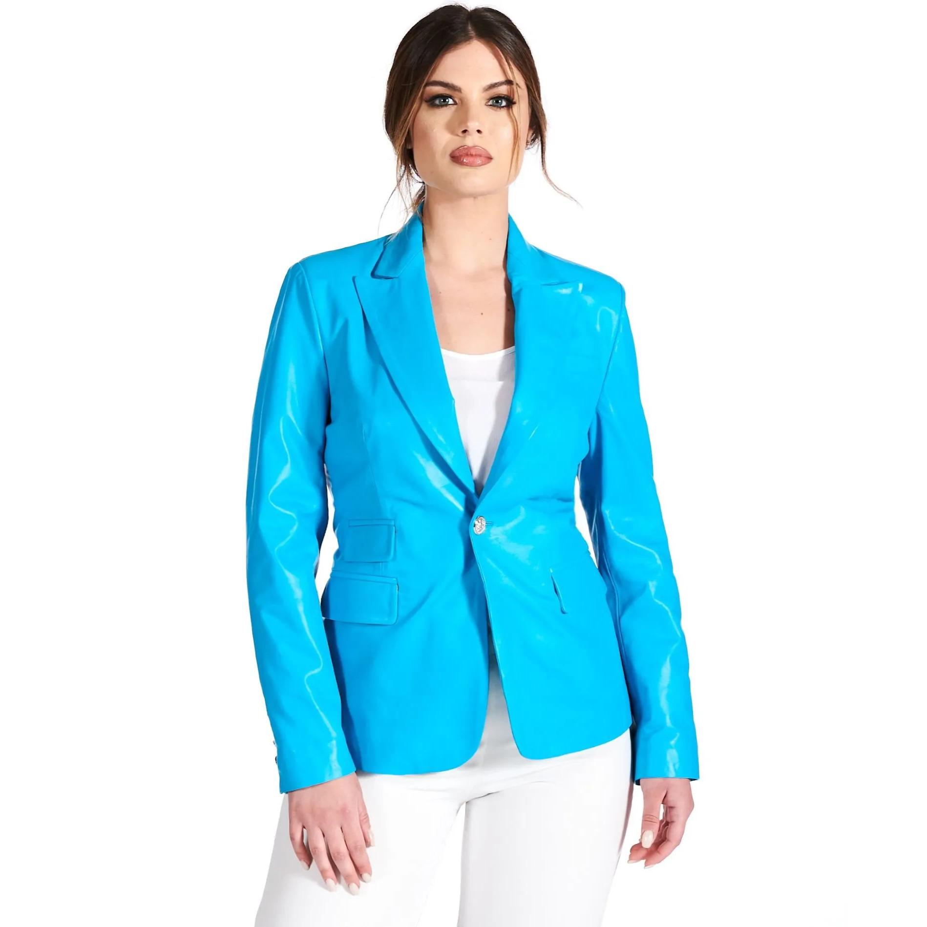 Giacca blazer in pelle naturale azzurra chiusura un bottone