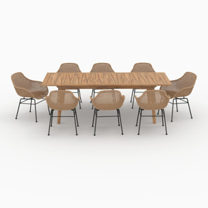 Table et chaises de jardin 8 personnes en bois de teck, résine tressée - Carmela