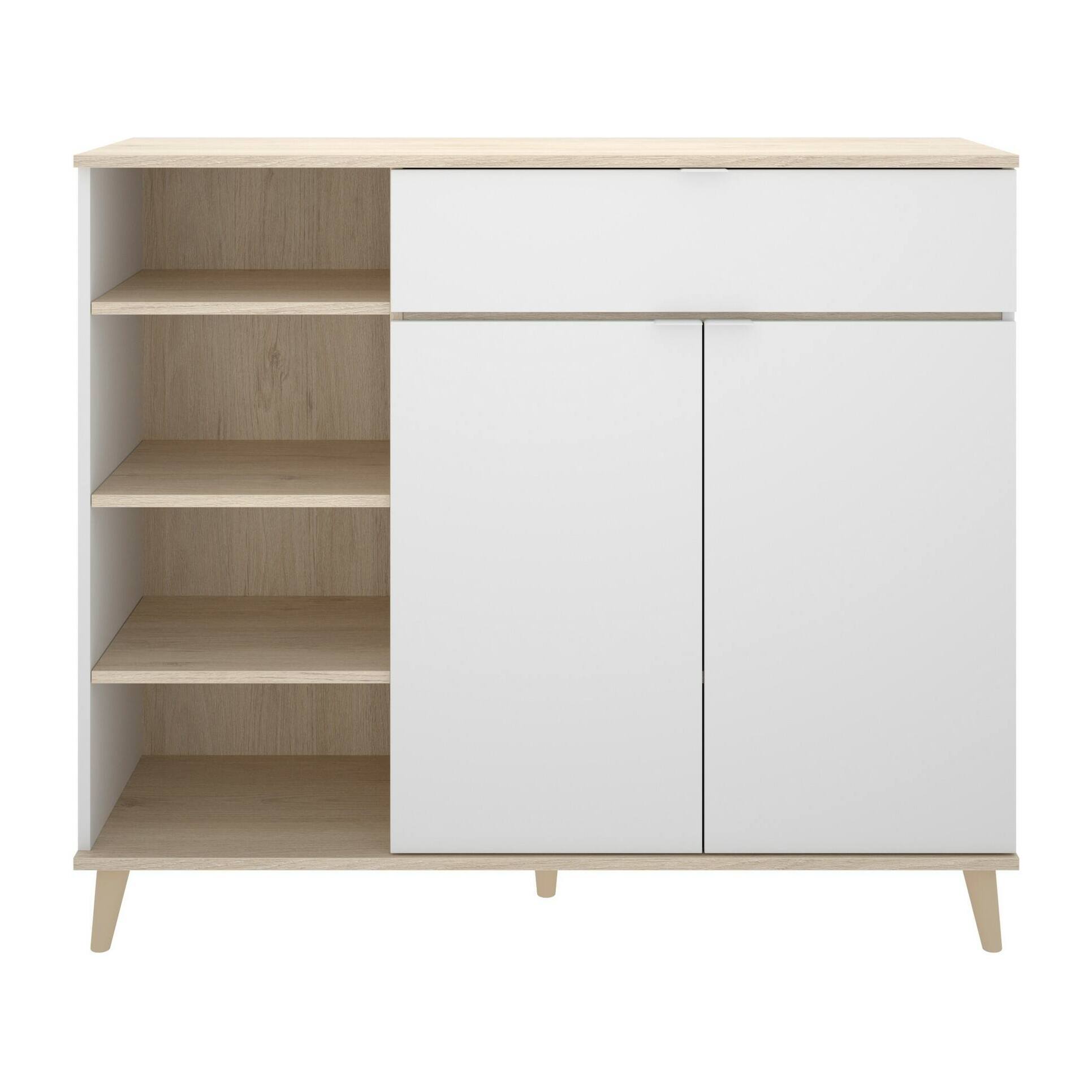 Credenza Sumbra, Buffet dispensa da soggiorno, Madia da salotto moderna a 2 ante, 120x40h102 cm, Bianco e Rovere