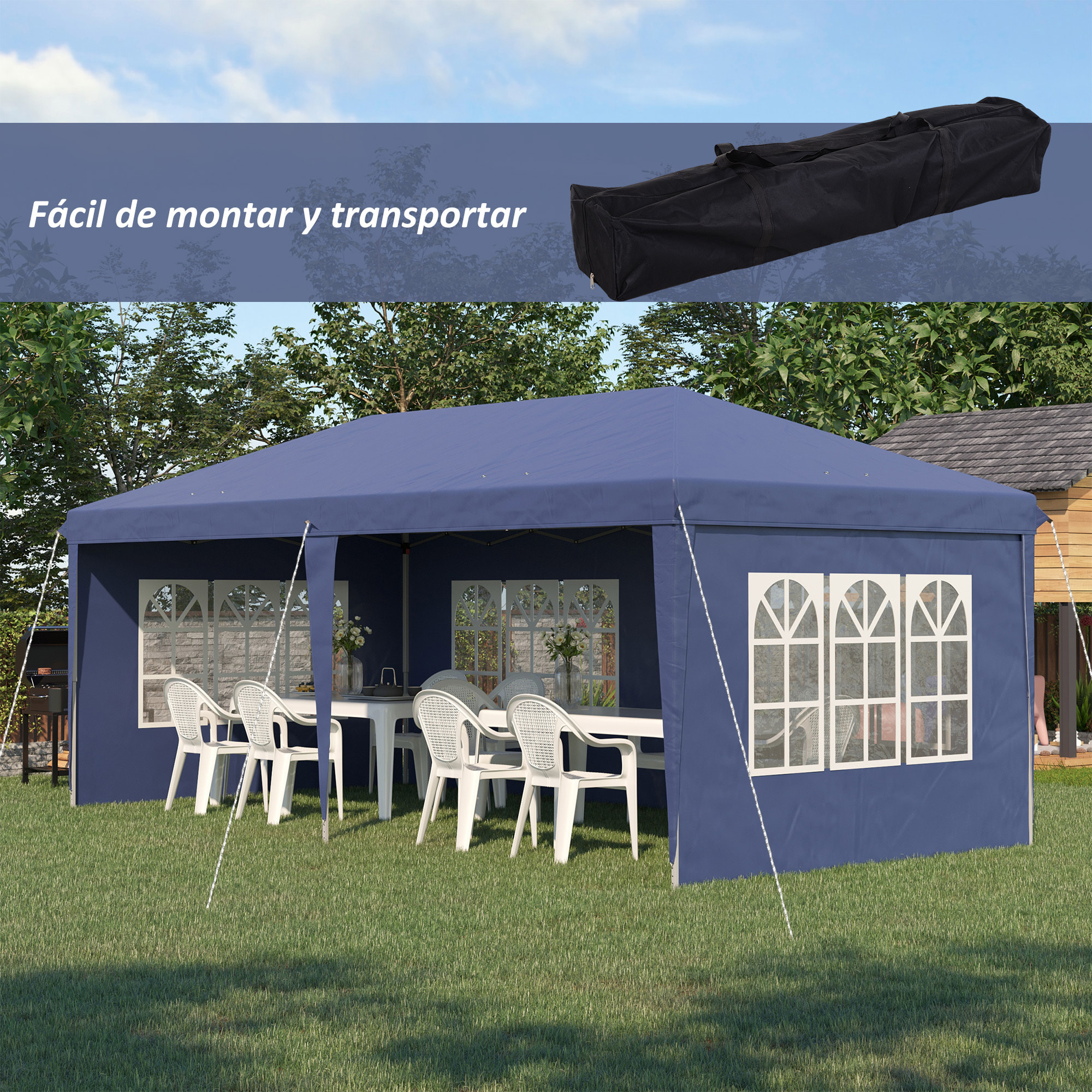 Carpa Plegable 6x3 m con 4 Laterales Desmontables Cenador de Jardín con 4 Ventanas Visibles y Bolsa de Transporte para Patio Terraza Azul