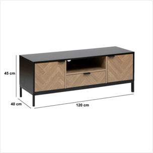 Meuble TV "Chevrons" 3 portes effet bois et noir 120x40cm