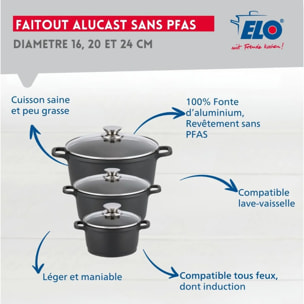 Set de 3 faitouts 16 cm 20 cm et 24 cm sans PFAS avec couvercles en verre Elo Alucast