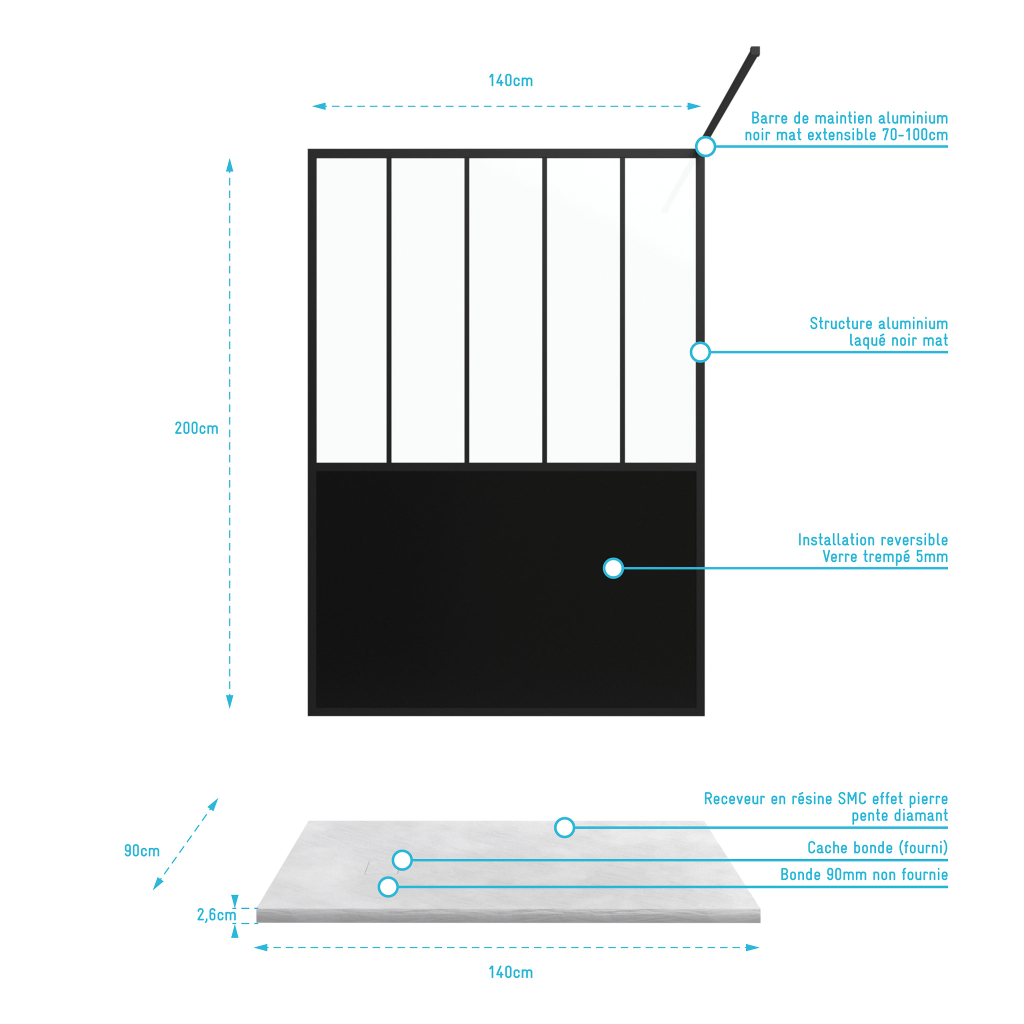Pack Paroi de douche 140x200 cm noir mat + Receveur a poser en composite SMC 90x140 cm