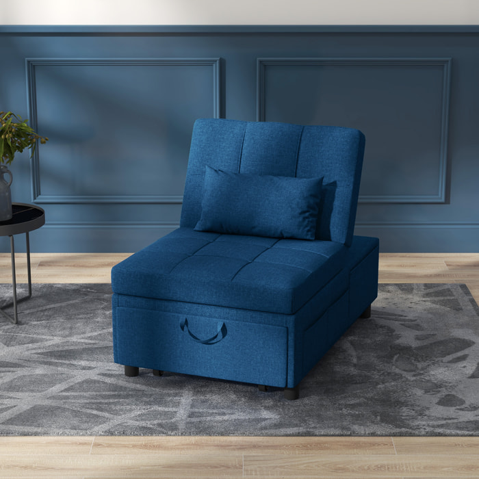 Chauffeuse fauteuil convertible inclinable réglable tissu effet capitonné bleu