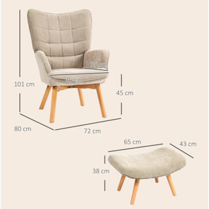 Fauteuil à oreilles et son repose-pieds piètement bois velours côtelé dossier effet capitonné marron clair