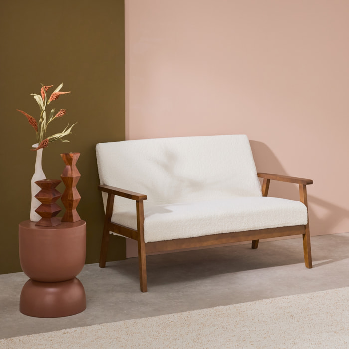 Banquette canapé 2 places en bois teinté noyer clair et tissu bouclette. Isak. L 114 x P 69.5 x H 73cm