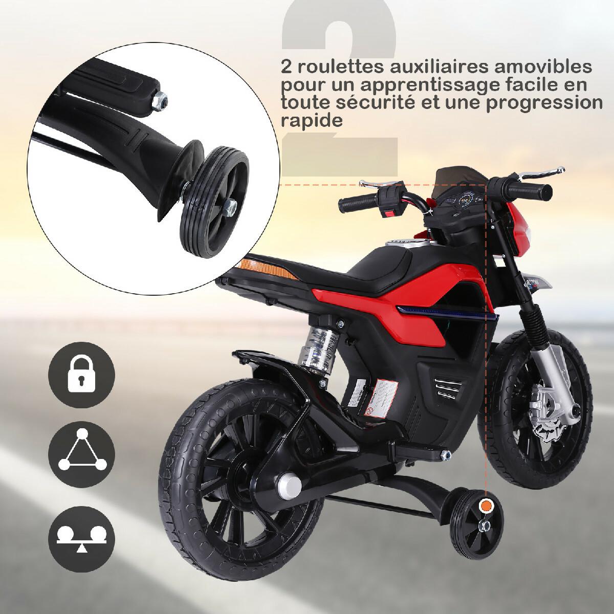 Moto électrique pour enfants 25 W 6 V 3 Km/h effets lumineux et sonores roulettes amovibles rouge