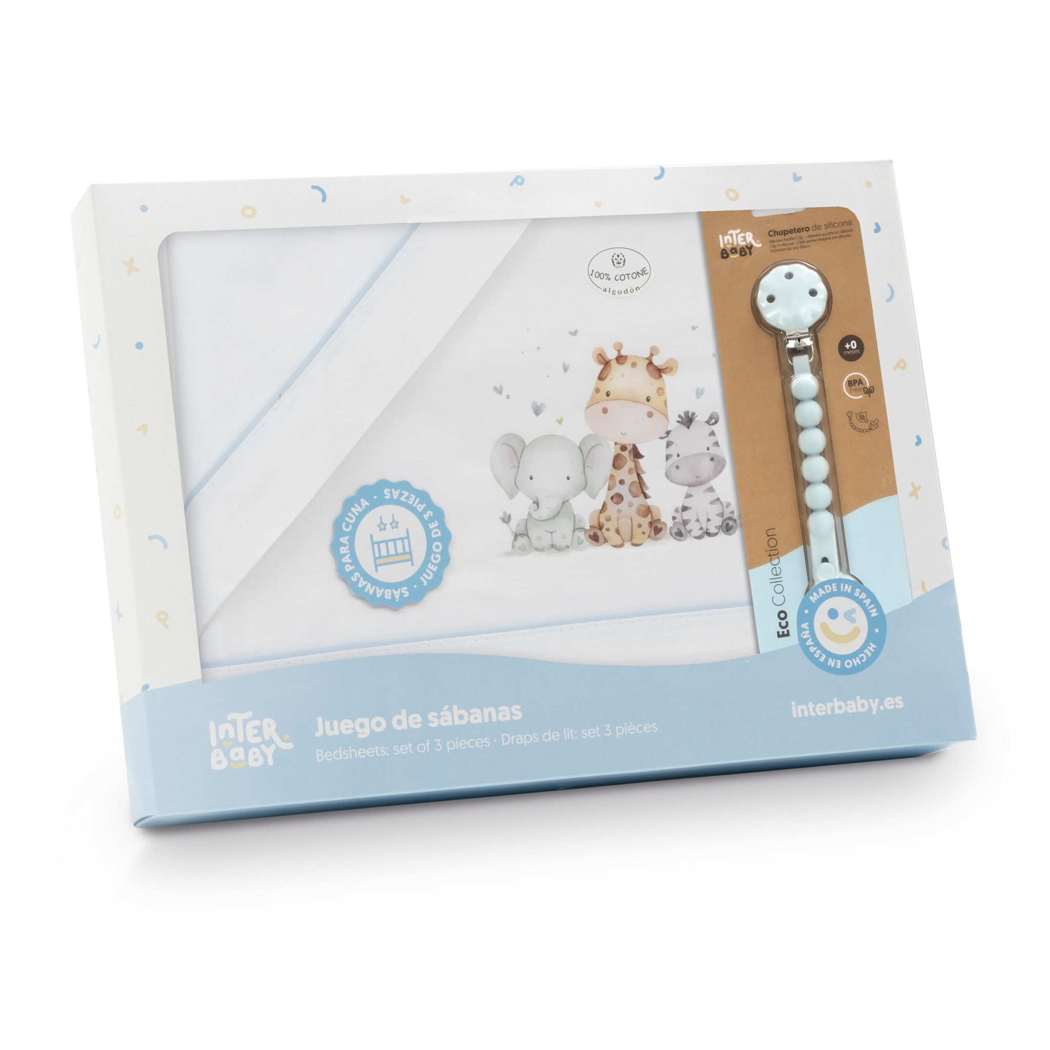 Juego de Sábanas para Cuna mod. Estampado Jirafa Elefante con Broche Muselina