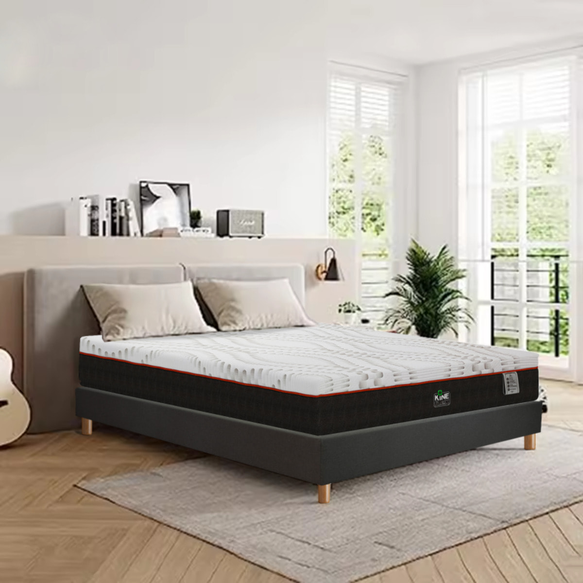 Ensemble Matelas Kineflex - Gamme Luxe Hôtelière - avec son sommier Cancun en tissu gris foncé