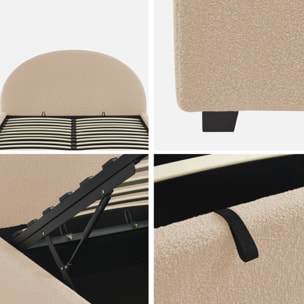 Lit coffre avec sommier à lattes et tête de lit. finition bouclette. nude. L 206 x P 153.5 x H 102cm