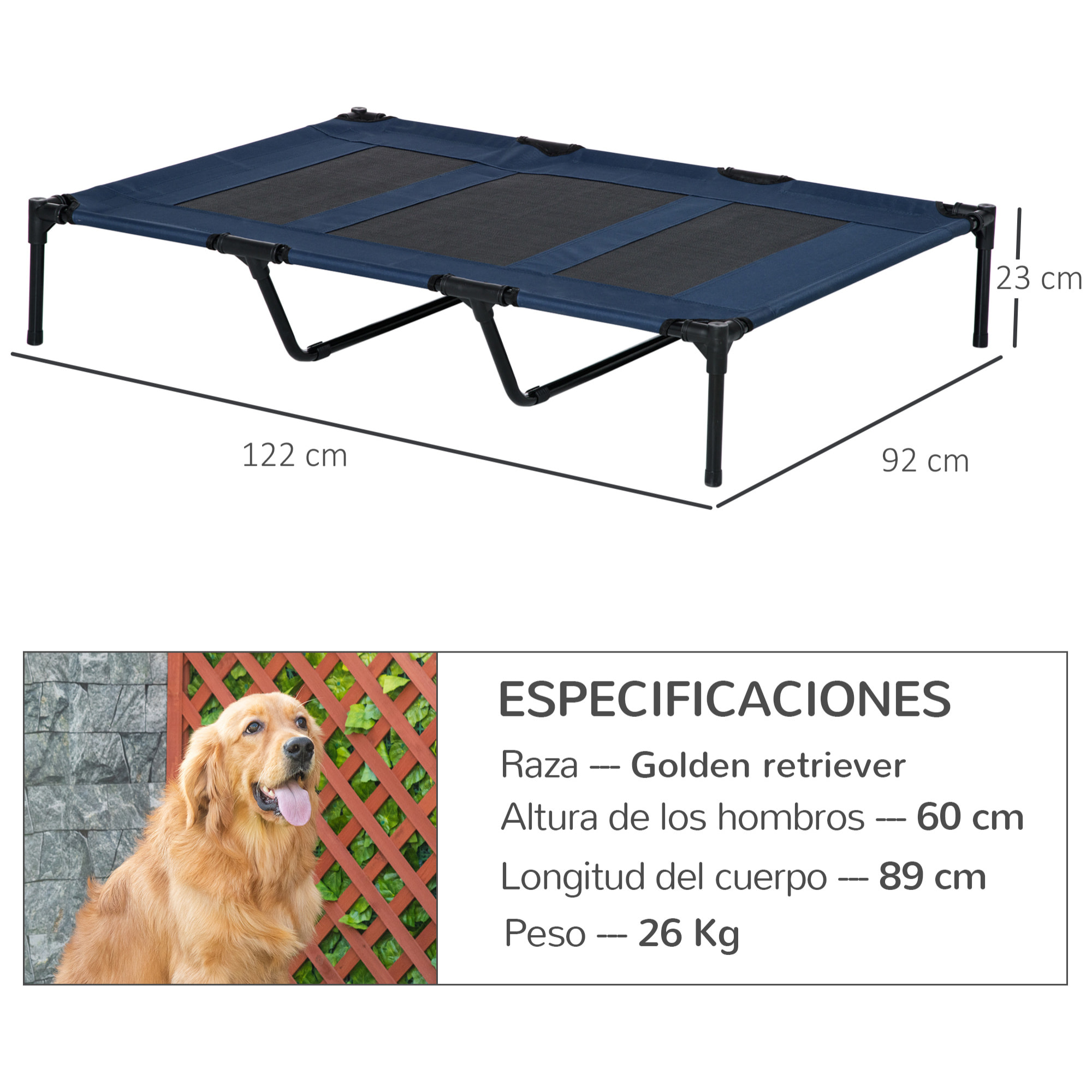 Cama Elevada para Perros Gatos Portátil Cama para Mascotas con Zona de Malla Transpirable y Tela Oxford Marco de Acero para Interior Exterior 122x92x23 cm Azul