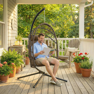 Silla Colgante Huevo con Soporte, Columpio Jardín Exterior con Cesta Plegable de Ratán, Cojín Grueso, Reposacabezas, Altura Ajustable, Funda Protectora Cuerda para Interior y Exterior, Marrón