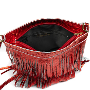 Avise bolso bandolera con flecos mujer. Piel auténtica Gamuza lacada brillante.