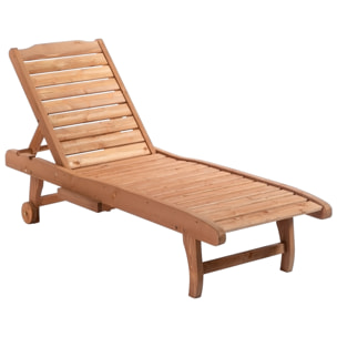 Tumbona de Madera Exterior Silla Reclinable de Jardín con 2 Ruedas Respaldo Ajustable en 3 Niveles y 1 Bandeja Carga 130 kg para Terraza Patio Natural