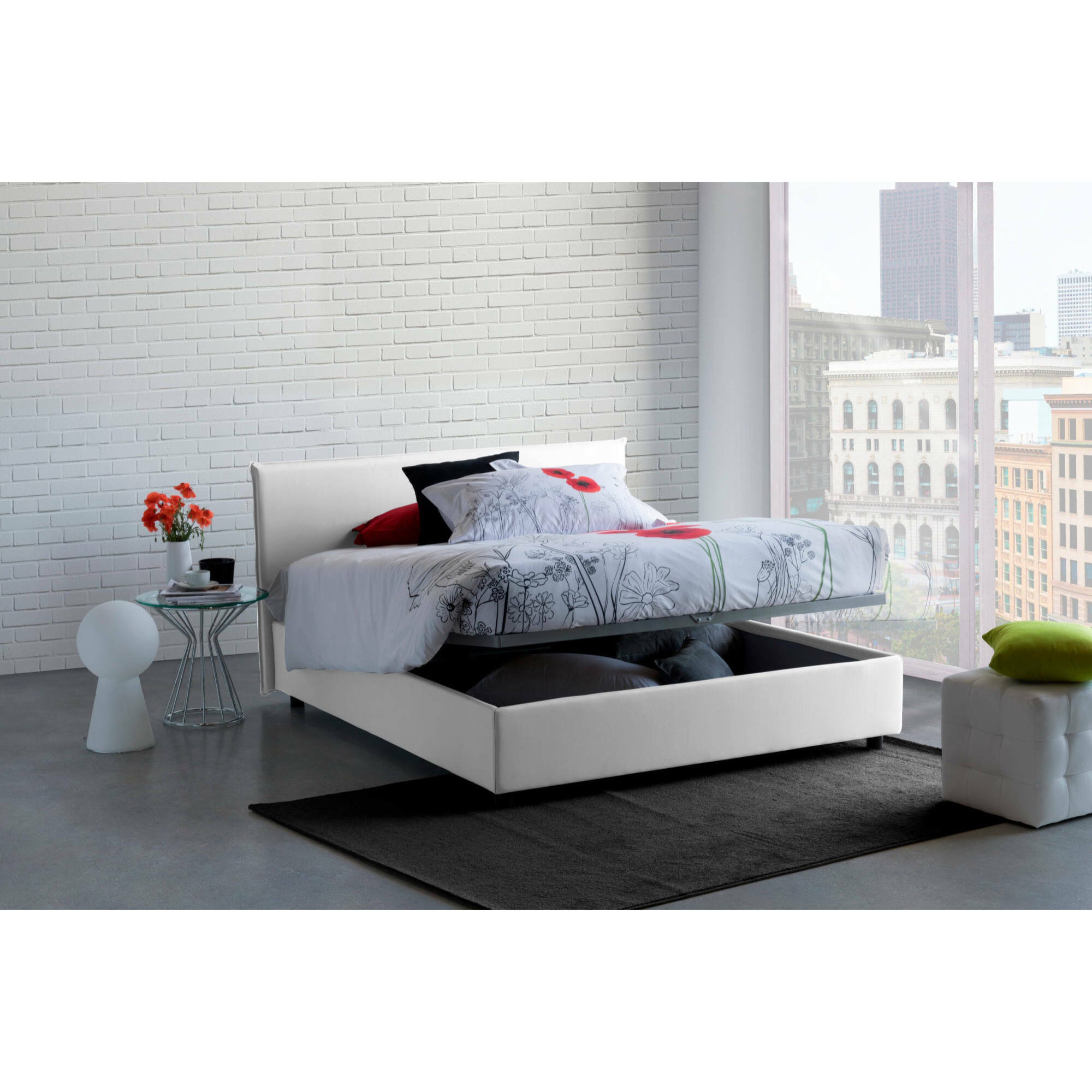 Letto matrimoniale Ariadni, Letto contenitore con rivestimento in tessuto, 100% Made in Italy, Apertura frontale, con materasso Cm 160x200 incluso, Bianco