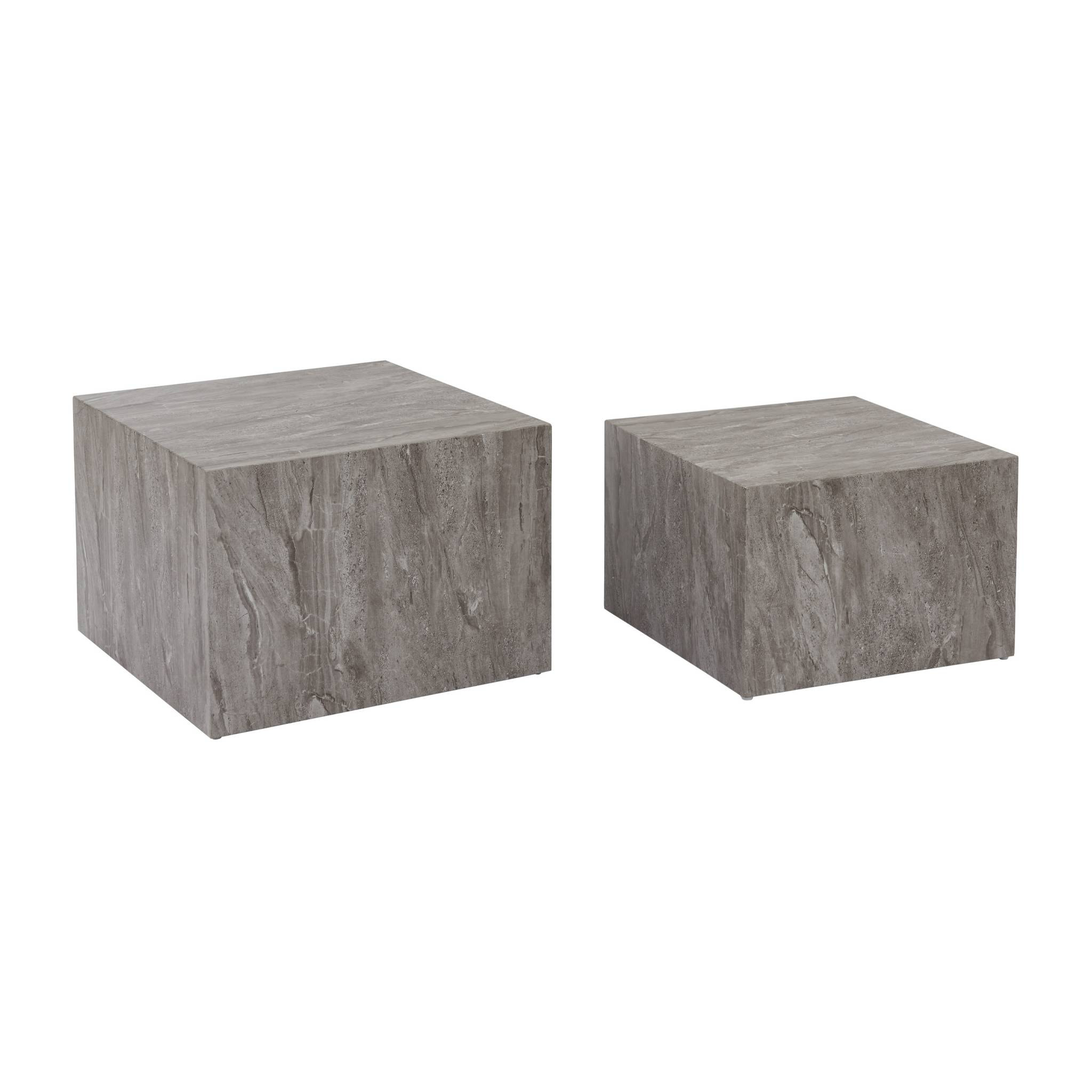 Lot de 2 tables basses effet marbre gris PAROS.  L 58 x l 58 x H 40cm / L 50 x l 50 x H 33cm