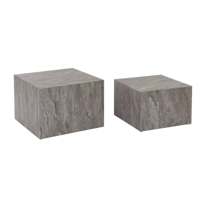 Lot de 2 tables basses effet marbre gris PAROS.  L 58 x l 58 x H 40cm / L 50 x l 50 x H 33cm