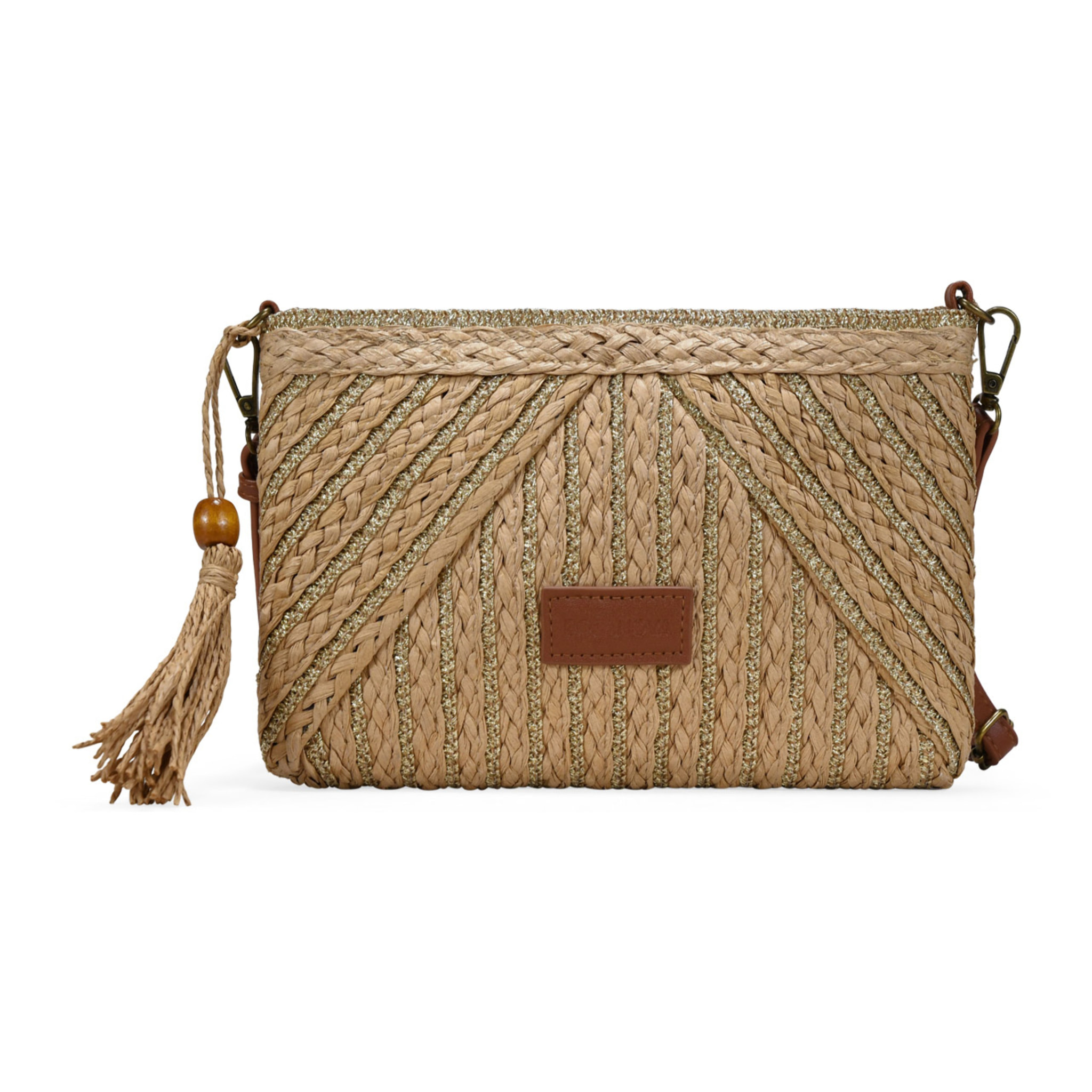 Bolso bandolera marrón claro rectangular en rafia