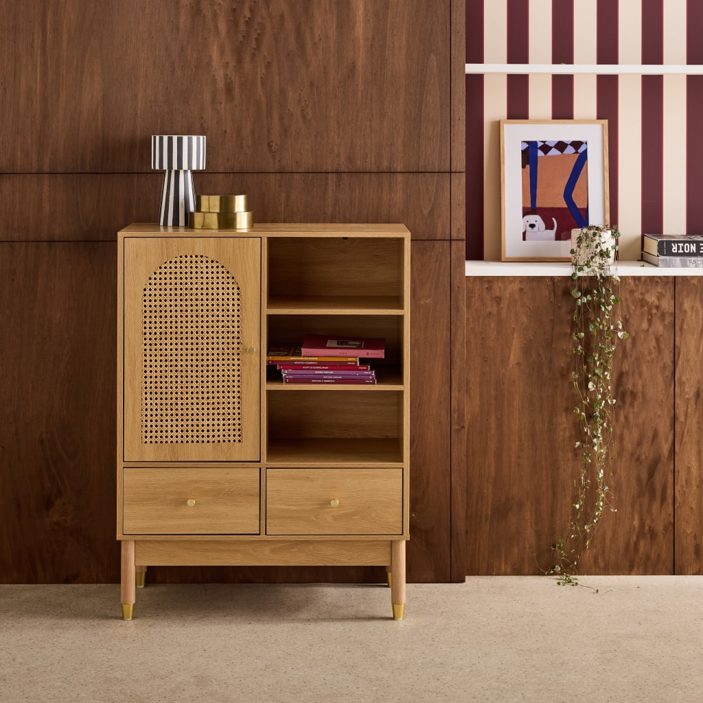 Buffet décor bois et cannage 1 porte 75cm JUDITH