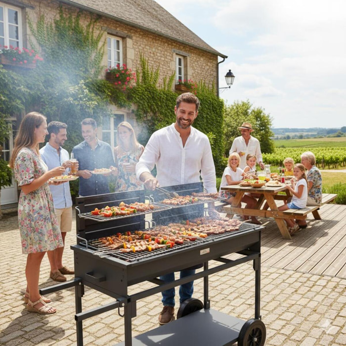 BARBECUE XL DOUBLE FOYERS AVEC CHARIOT - LE MARQUIER