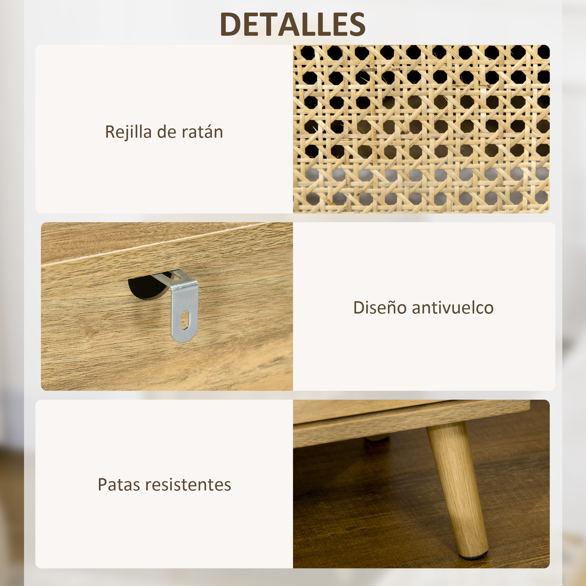 Conjunto para el Hogar Incluye 1 Cómoda con 4 Cajones 1 Aparador y 2 Mesitas de Noche con Puerta de Ratán Sintético Estilo Cannage Natural