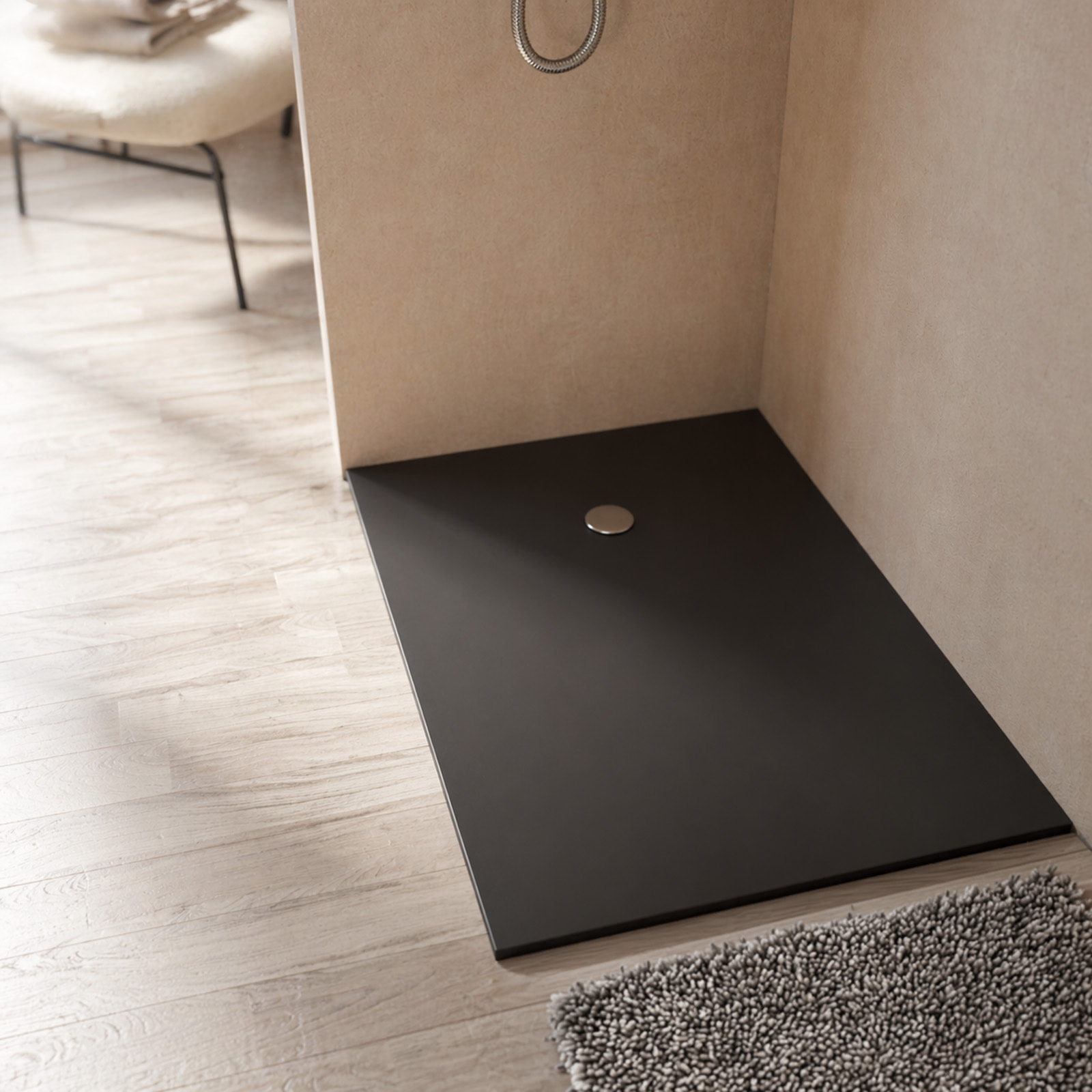 Receveur 120x90x2.6cm Extra-plat en Polybéton Noir Mat Effet Soft-touch - Redécoupable - NELSON