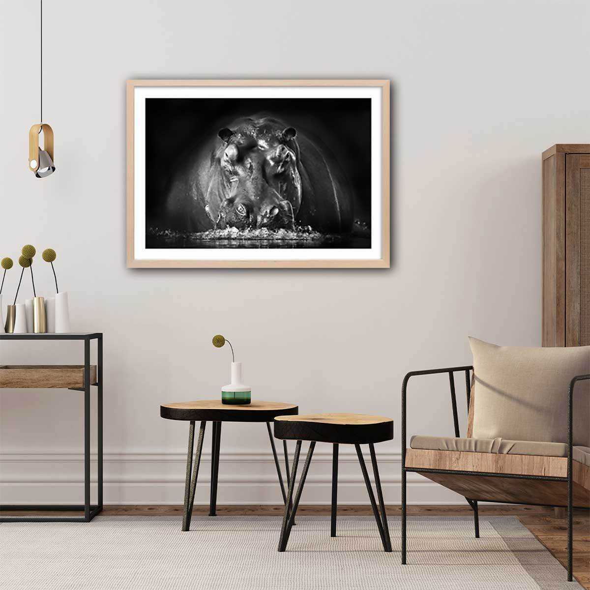 Affiche animaux portrait hippo Affiche + cadre en bois - Chêne