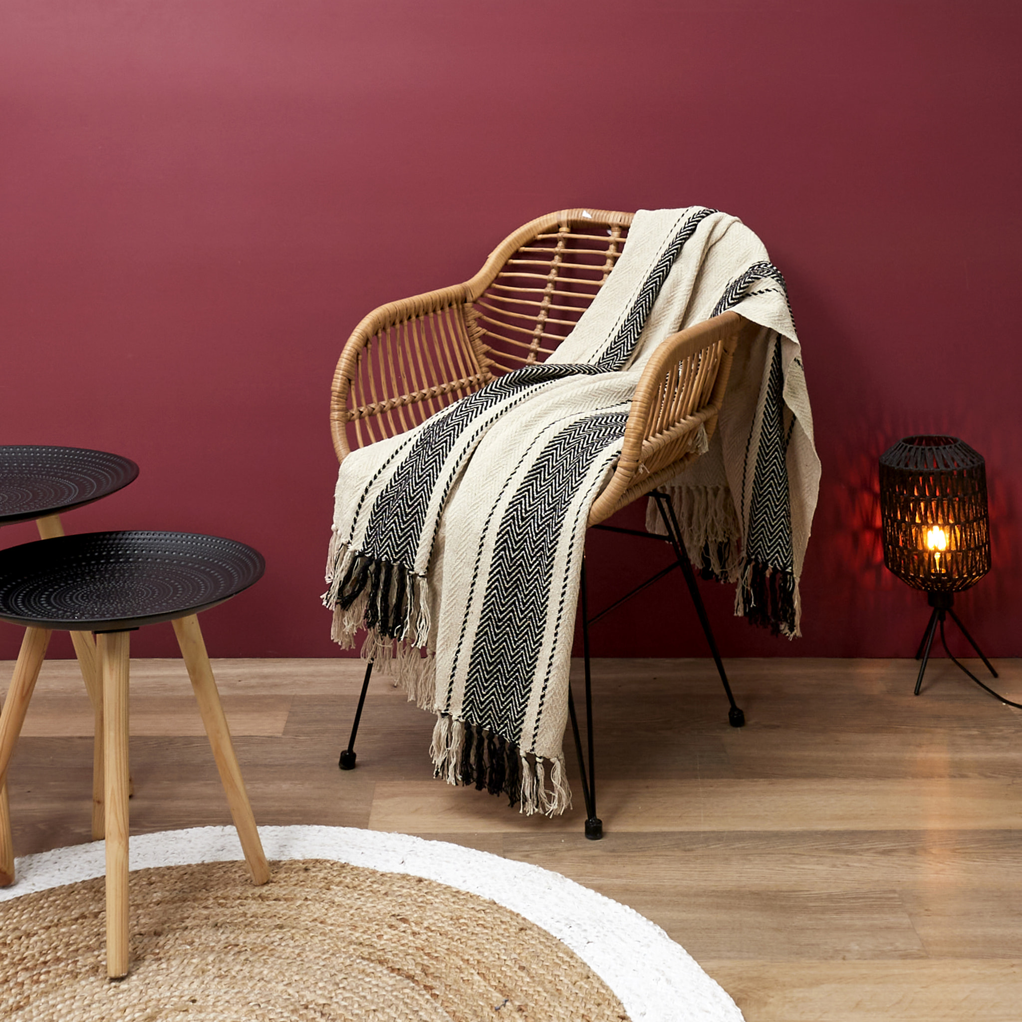 Plaid - HOME DECO FACTORY - Berbère - À franges - Rayures - Beige et noir