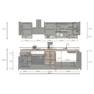 Cucina completa Dceccaron, Cucina pratica e salvaspazio, Parete da cucina con 8 ante e 1 cassetto, 100% Made in Italy, 255x60h85 cm, Antracite e Ardesia