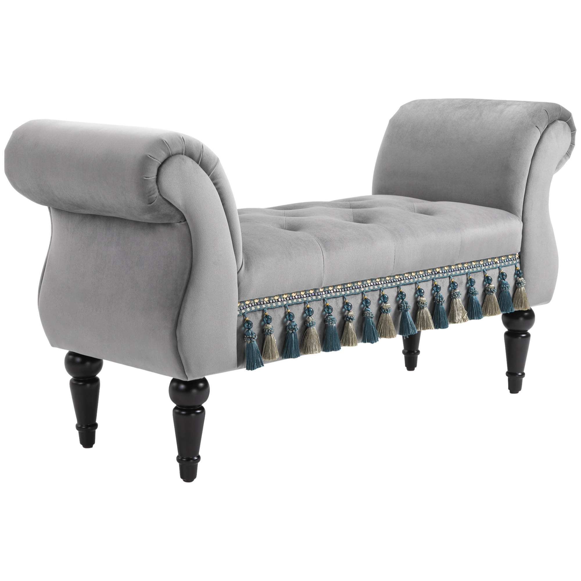 Banc banquette capitonnée design accoudoirs courbés pompons pieds bois hévéa revêtement velours gris