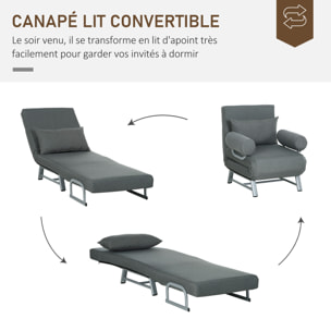 Fauteuil chauffeuse canapé-lit convertible inclinable 1 place grand confort coussin lombaires accoudoirs piètement métal lin gris foncé