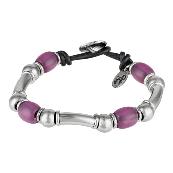 Pulsera cuero y plata Liss amatista resina