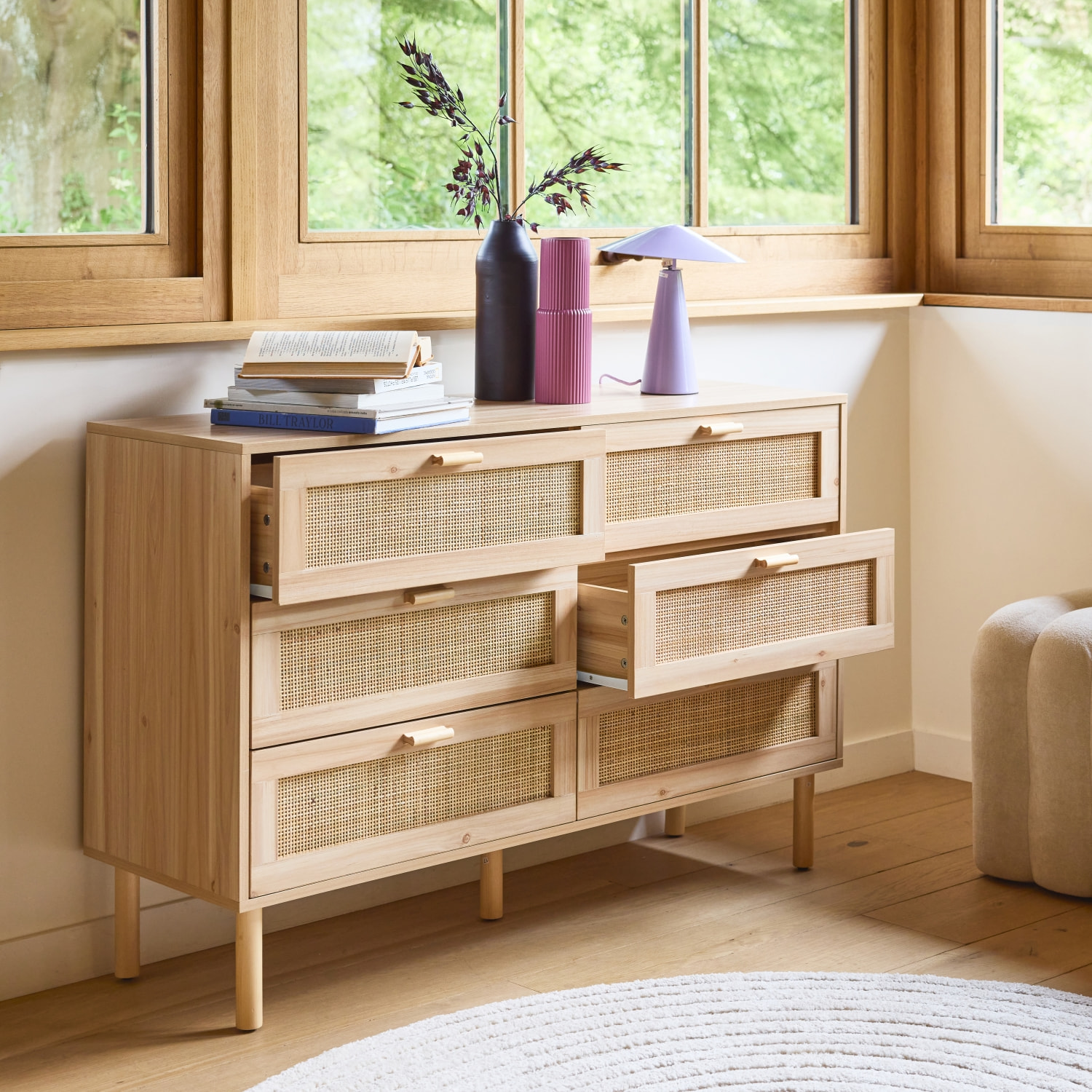 Commode cannage et décor bois 6 tiroirs CAMARGUE