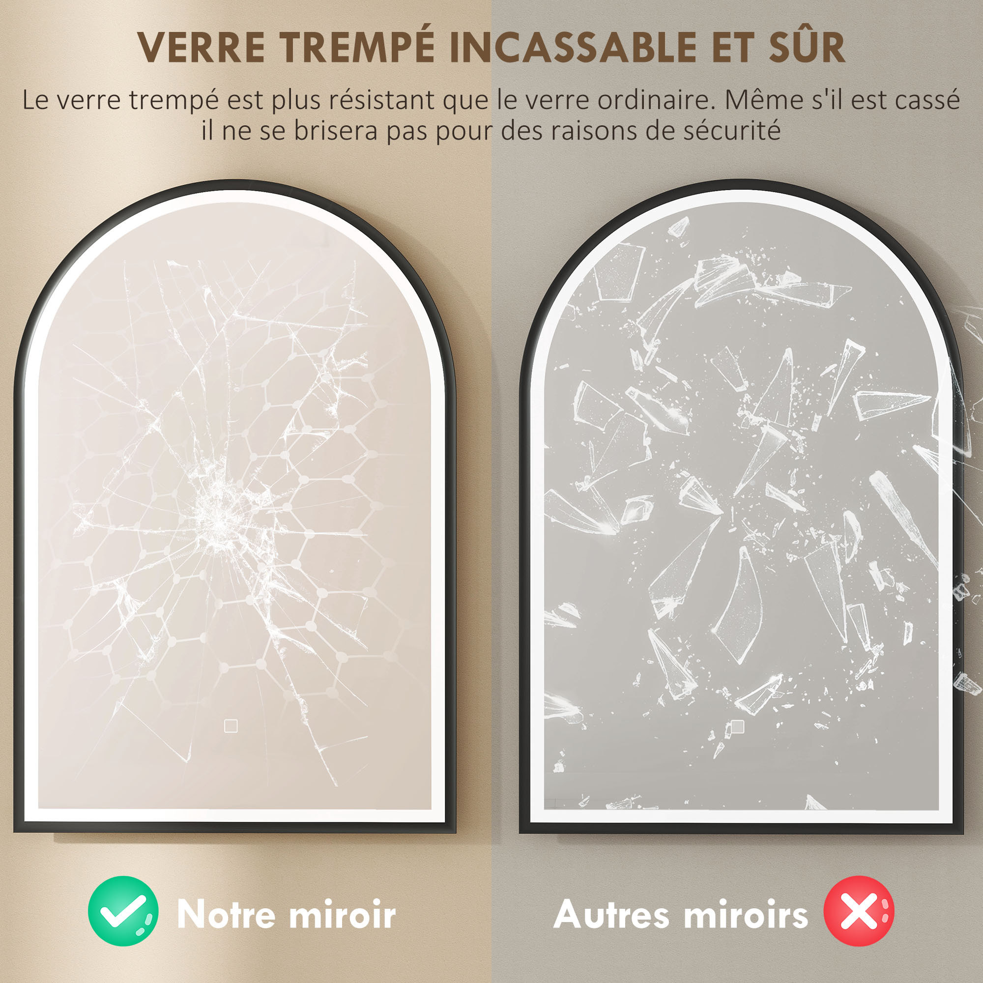 Miroir salle de bain LED design arche 50 x 70 cm anti-buée dimmable tactile réglable verre trempé alu noir